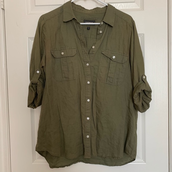 Express Tops - Express Army Green Button Up Cotton Shirt